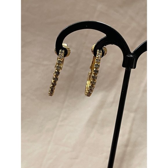 Vintage Gold Tone Rhinestone Lined & Gold Tone Ribbed Sectioned Clip-on Earrings - Picture 6 of 12